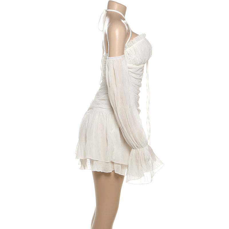 Ethereal Fall Dream: Halter Ruched Mini Dress with Off-Shoulder Flowy Sleeves