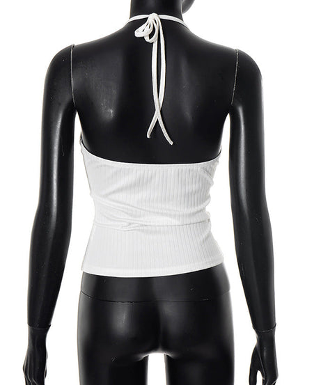 Effortless White Ribbed Halter Top with Beaded Straps - Your Chic Fall Layering Essential