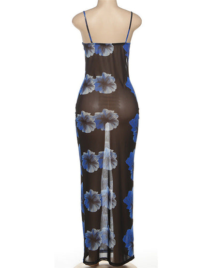 Sultry Blue Floral Mesh Maxi Dress - Sheer Cami Gown for Fall Nights & Tropical Escapes