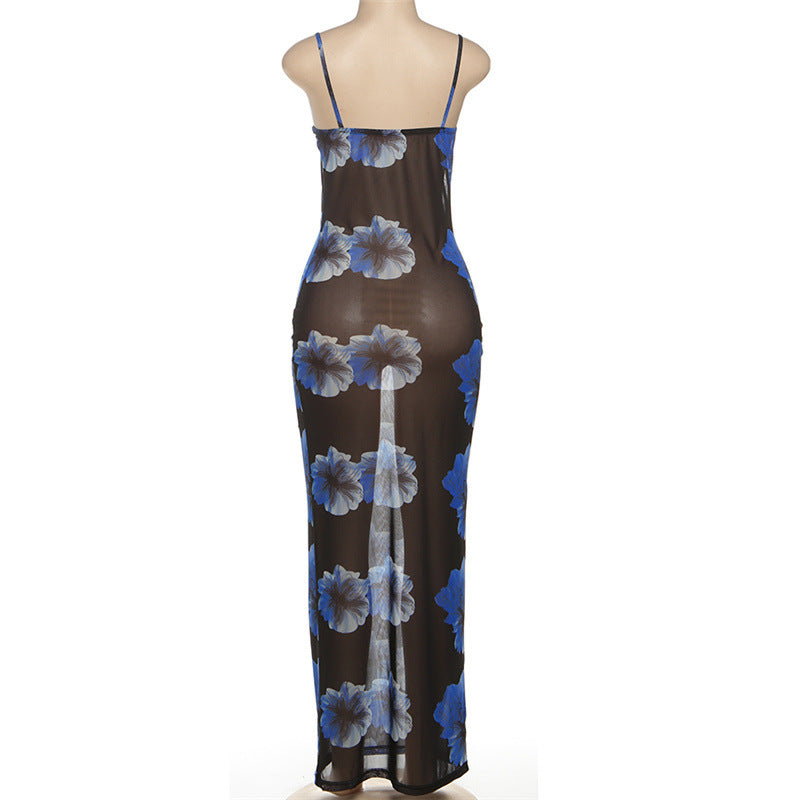 Sultry Blue Floral Mesh Maxi Dress - Sheer Cami Gown for Fall Nights & Tropical Escapes