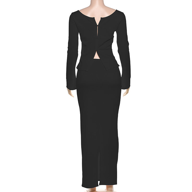 Luxe Ribbed Knit Long Sleeve Top & Maxi Skirt Set - Effortless Fall/Winter White Co-ord