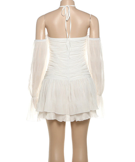 Ethereal Fall Dream: Halter Ruched Mini Dress with Off-Shoulder Flowy Sleeves