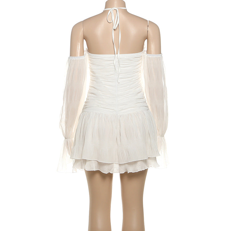 Ethereal Fall Dream: Halter Ruched Mini Dress with Off-Shoulder Flowy Sleeves