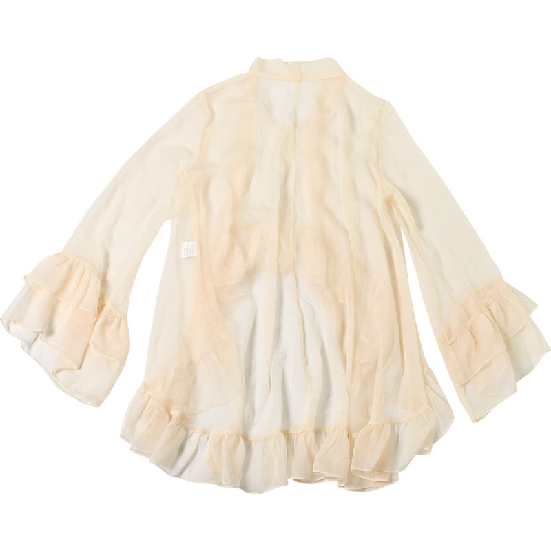 Boho Chic Sheer Ruffle Blouse - Flowy Tiered Bell Sleeve Top for Fall