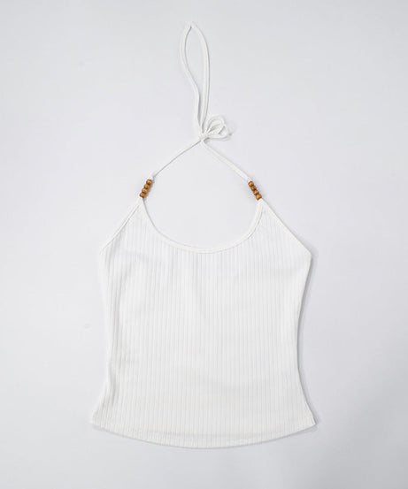 Effortless White Ribbed Halter Top with Beaded Straps - Your Chic Fall Layering Essential