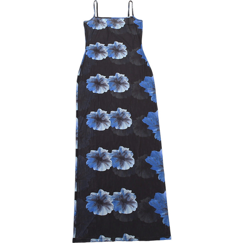 Sultry Blue Floral Mesh Maxi Dress - Sheer Cami Gown for Fall Nights & Tropical Escapes