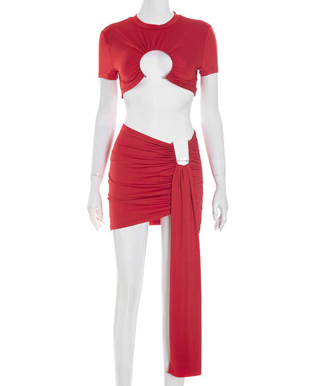 Red Hot Ruched Cutout Crop Top & Draped Mini Skirt Set - Your Fall Night Out & Halloween Party Essential