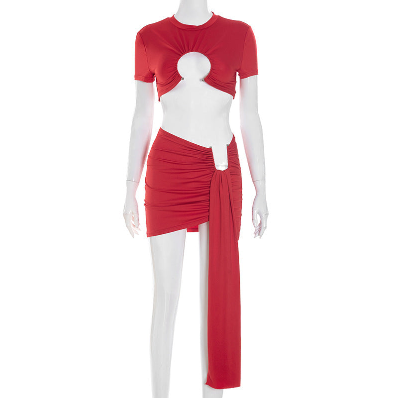 Red Hot Ruched Cutout Crop Top & Draped Mini Skirt Set - Your Fall Night Out & Halloween Party Essential