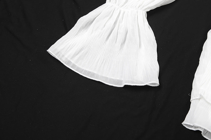 Ethereal Fall Dream: Halter Ruched Mini Dress with Off-Shoulder Flowy Sleeves