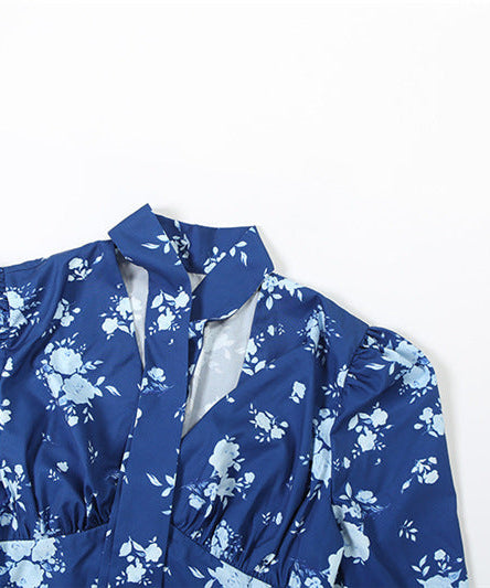 Chic Blue Floral Mock Neck Midi Dress | Elegant Long Sleeve Fall Fashion