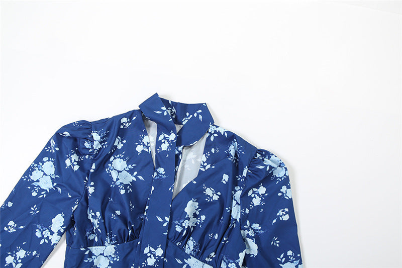 Chic Blue Floral Mock Neck Midi Dress | Elegant Long Sleeve Fall Fashion