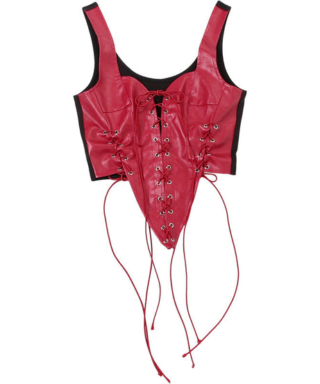 Fierce Red Faux Leather Lace-Up Corset Top - Fall Party & Halloween Statement