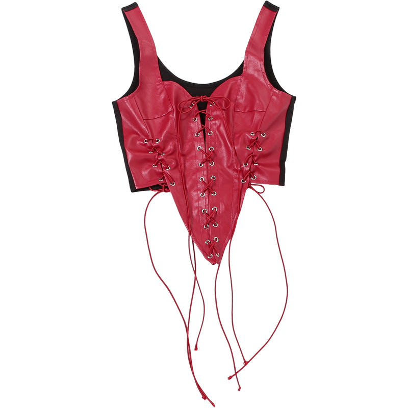 Fierce Red Faux Leather Lace-Up Corset Top - Fall Party & Halloween Statement