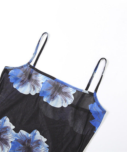 Sultry Blue Floral Mesh Maxi Dress - Sheer Cami Gown for Fall Nights & Tropical Escapes