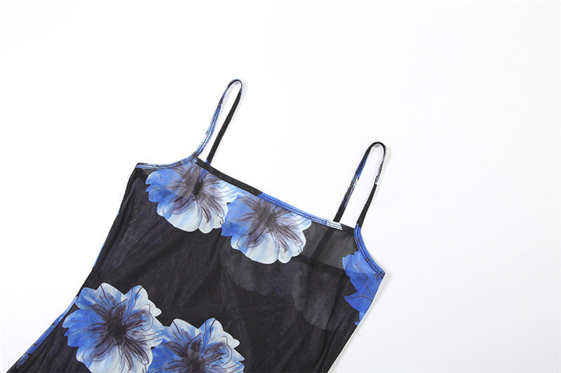 Sultry Blue Floral Mesh Maxi Dress - Sheer Cami Gown for Fall Nights & Tropical Escapes