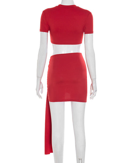 Red Hot Ruched Cutout Crop Top & Draped Mini Skirt Set - Your Fall Night Out & Halloween Party Essential