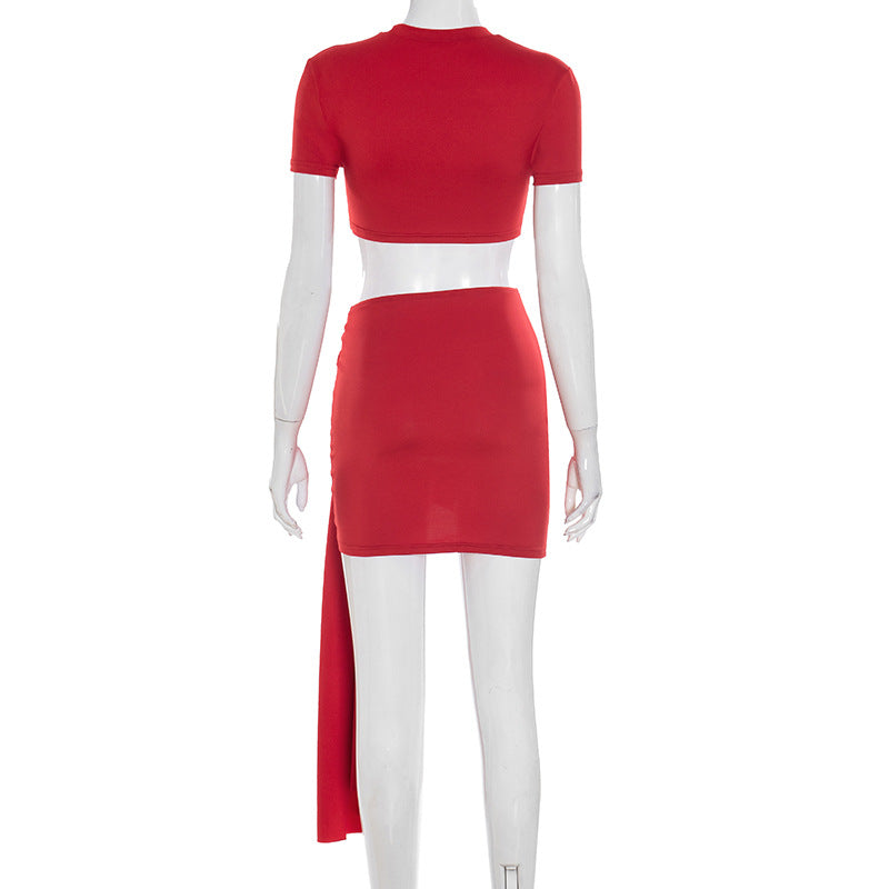 Red Hot Ruched Cutout Crop Top & Draped Mini Skirt Set - Your Fall Night Out & Halloween Party Essential