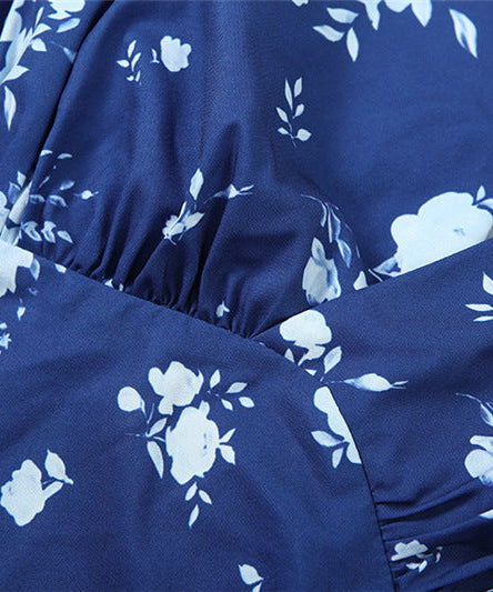 Chic Blue Floral Mock Neck Midi Dress | Elegant Long Sleeve Fall Fashion