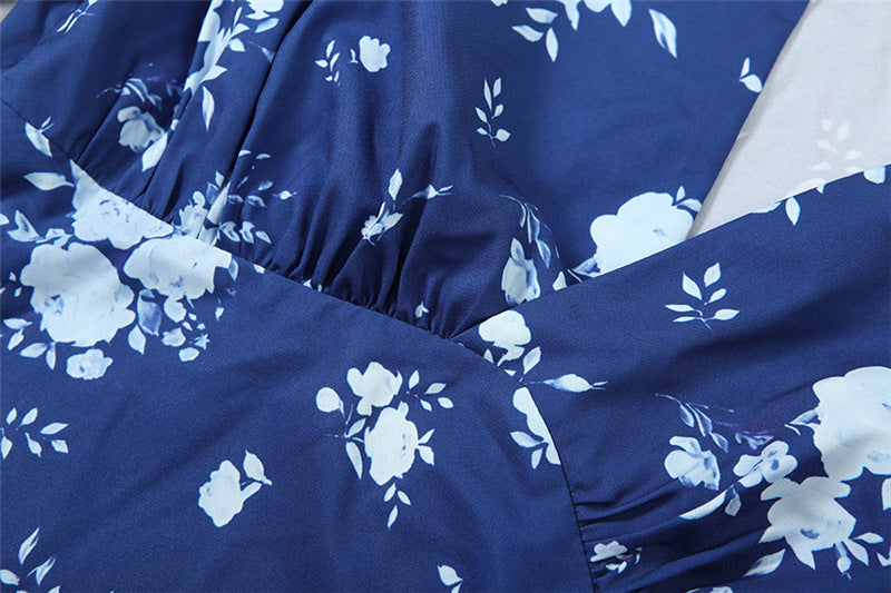 Chic Blue Floral Mock Neck Midi Dress | Elegant Long Sleeve Fall Fashion