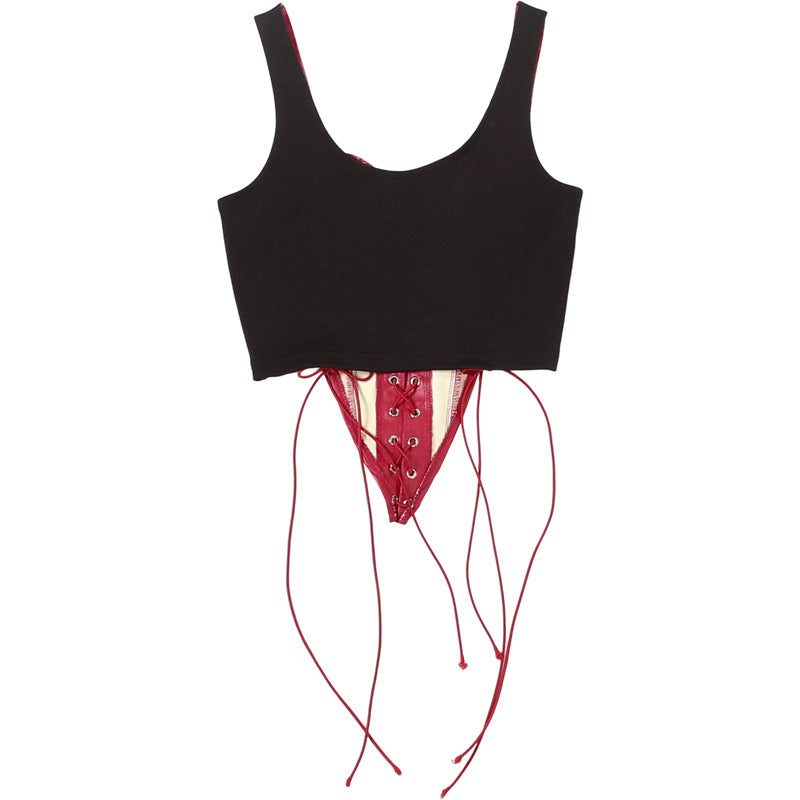 Fierce Red Faux Leather Lace-Up Corset Top - Fall Party & Halloween Statement