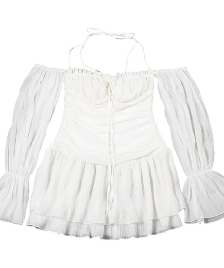 Ethereal Fall Dream: Halter Ruched Mini Dress with Off-Shoulder Flowy Sleeves