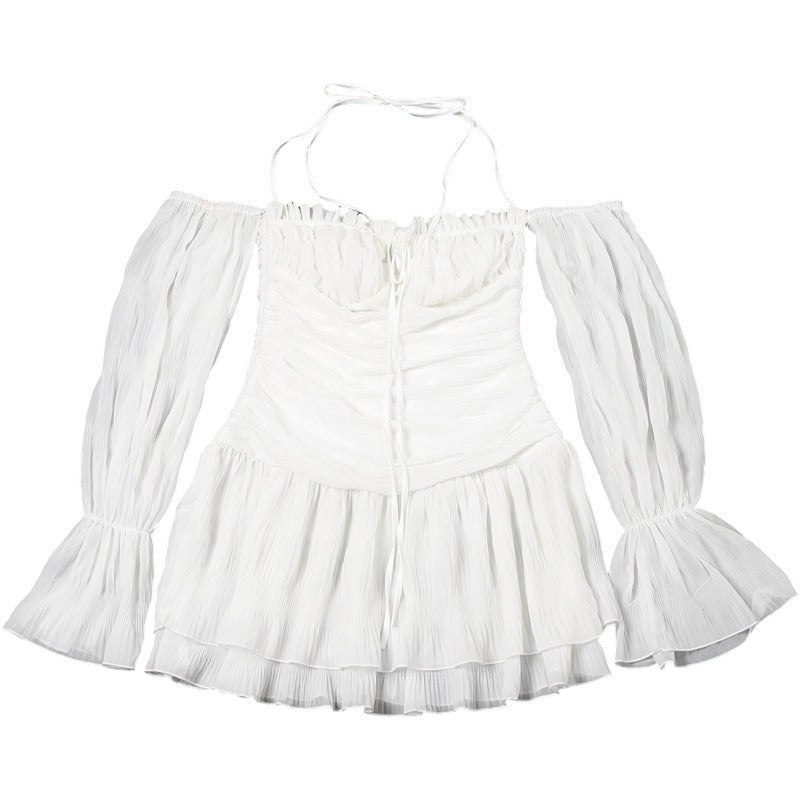 Ethereal Fall Dream: Halter Ruched Mini Dress with Off-Shoulder Flowy Sleeves