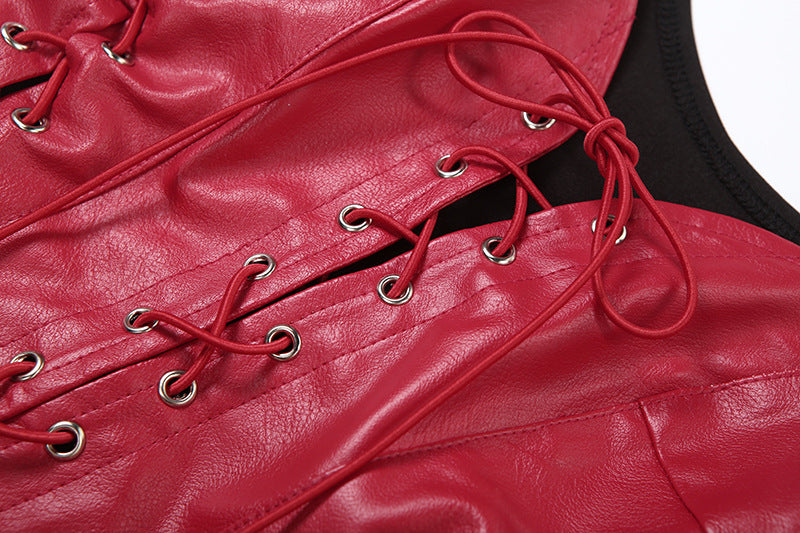 Fierce Red Faux Leather Lace-Up Corset Top - Fall Party & Halloween Statement