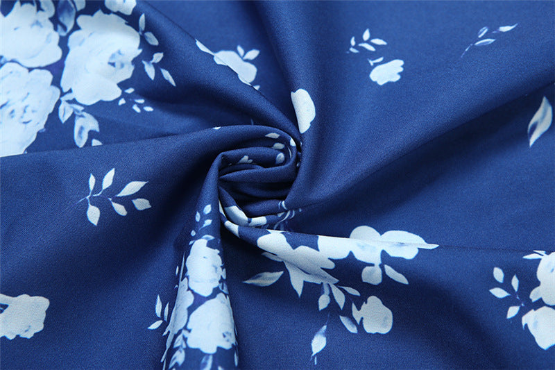 Chic Blue Floral Mock Neck Midi Dress | Elegant Long Sleeve Fall Fashion