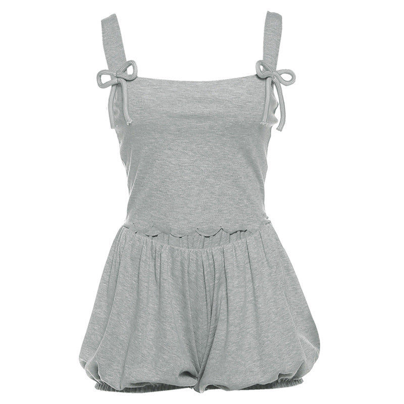 Cozy Chic Bowknot Square Neck Romper | Fall Bubble Shorts Loungewear