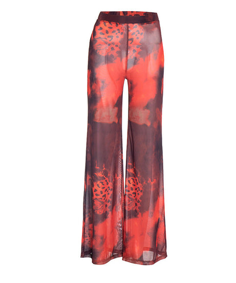 Ignite Y2K Vibes: Red & Black Leopard Mesh Flare Pants - Sheer Statement for Fall Parties & Halloween