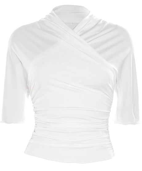 Chic Fall Essential: Flattering White Ruched Cross-Front 3/4 Sleeve Top