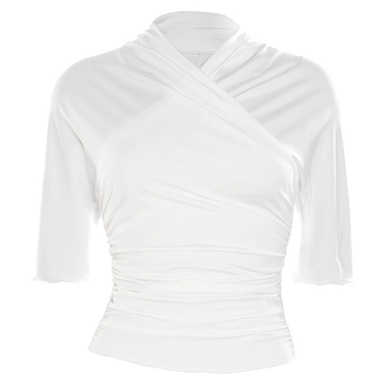 Chic Fall Essential: Flattering White Ruched Cross-Front 3/4 Sleeve Top