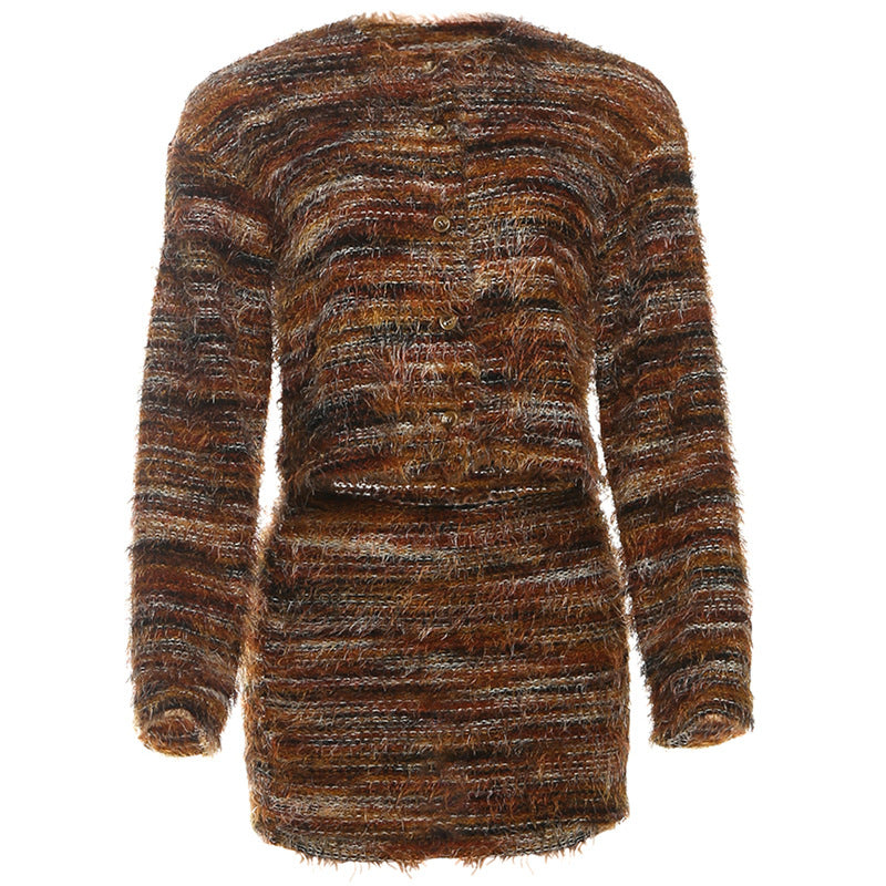 Cozy Autumn Chic: Women's Fuzzy Knit Two-Piece Mini Skirt Set | Effortless Fall Style