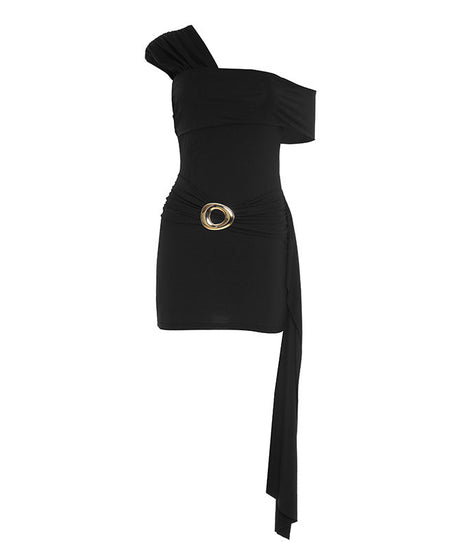 Chic Black One-Shoulder Ruched Mini Dress with Gold Ring & Statement Sash | Perfect for Fall Parties & Nights Out