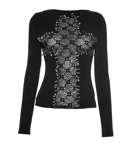 Edgy Safety Pin Cross Long Sleeve Top - Gothic Punk Fall Fashion & Halloween Ready