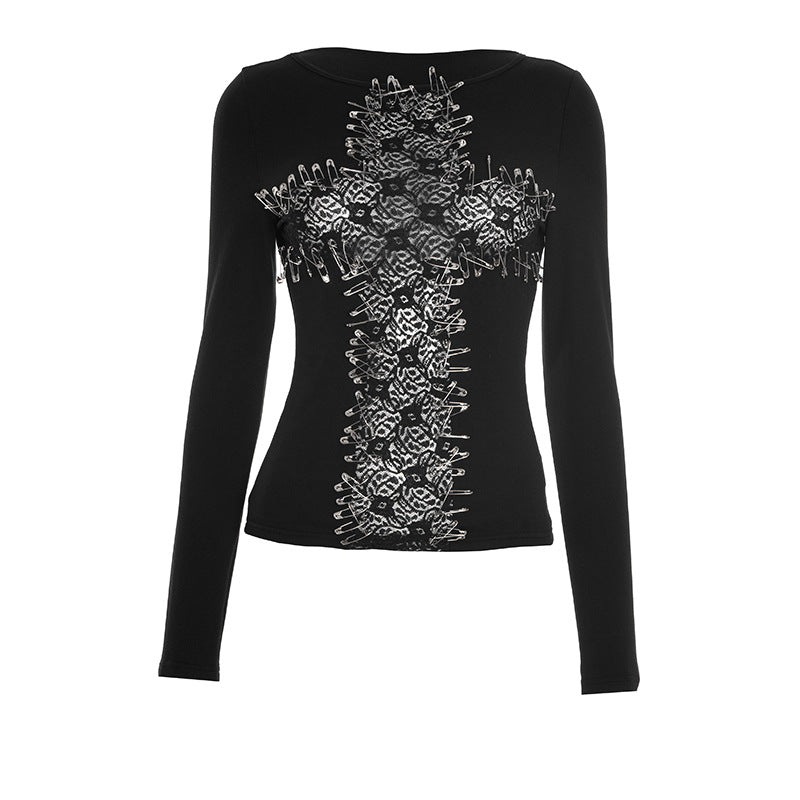 Edgy Safety Pin Cross Long Sleeve Top - Gothic Punk Fall Fashion & Halloween Ready
