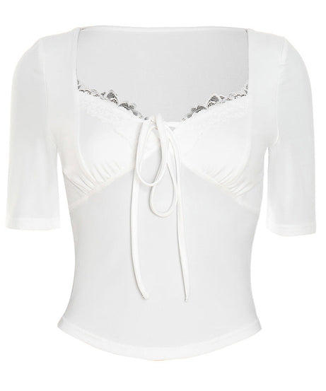Fall Chic: Women's Square Neck Lace Tie-Front Top - Your Versatile Autumn Essential