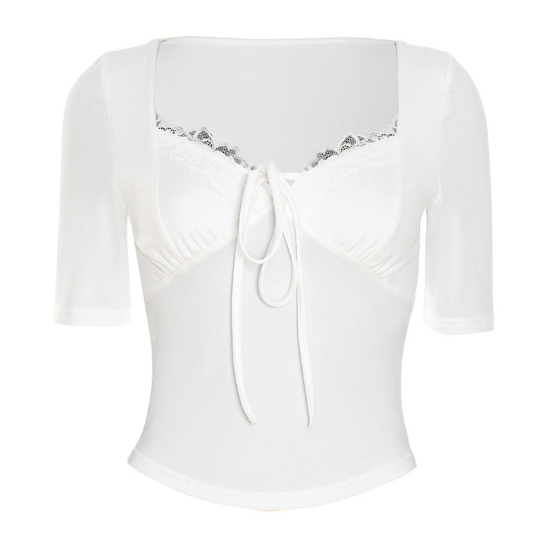 Fall Chic: Women's Square Neck Lace Tie-Front Top - Your Versatile Autumn Essential