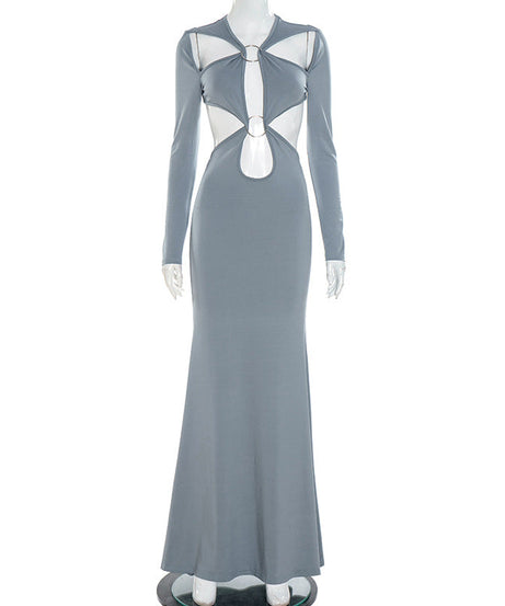 Showstopping O-Ring Cut-Out Long Sleeve Maxi Dress - Glamorous Fall & Holiday Party Gown