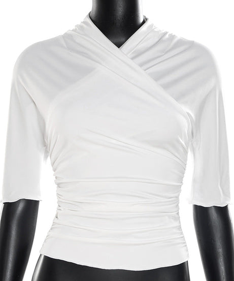 Chic Fall Essential: Flattering White Ruched Cross-Front 3/4 Sleeve Top