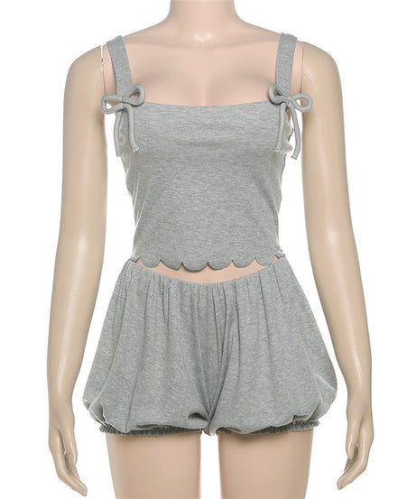 Cozy Chic Bowknot Square Neck Romper | Fall Bubble Shorts Loungewear