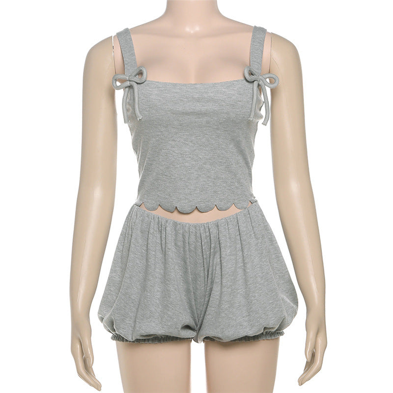 Cozy Chic Bowknot Square Neck Romper | Fall Bubble Shorts Loungewear