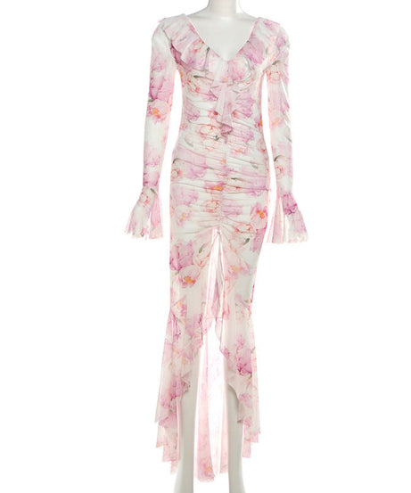 Dreamy Ruffled Floral Mesh Maxi Dress - Your Elegant Pick for Fall Events & Holiday Getaways