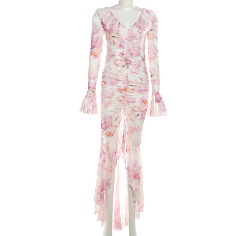 Dreamy Ruffled Floral Mesh Maxi Dress - Your Elegant Pick for Fall Events & Holiday Getaways