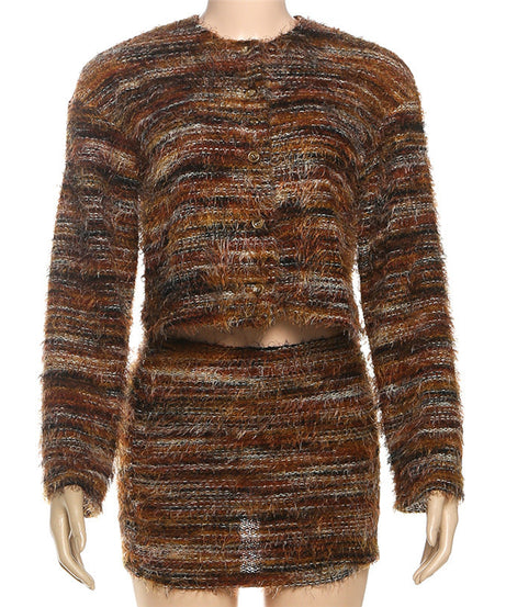 Cozy Autumn Chic: Women's Fuzzy Knit Two-Piece Mini Skirt Set | Effortless Fall Style