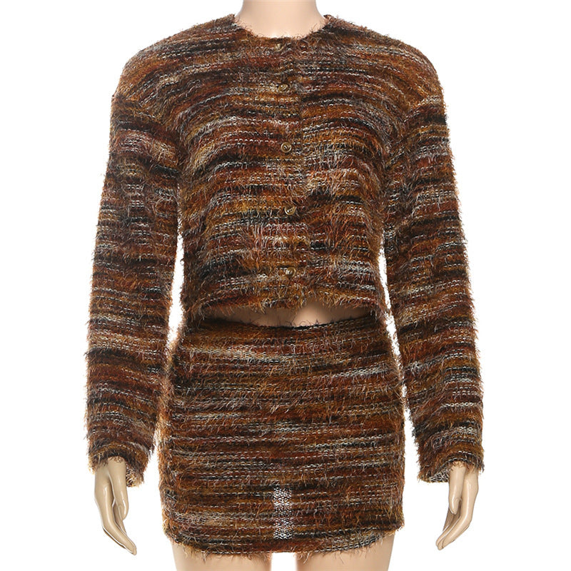 Cozy Autumn Chic: Women's Fuzzy Knit Two-Piece Mini Skirt Set | Effortless Fall Style