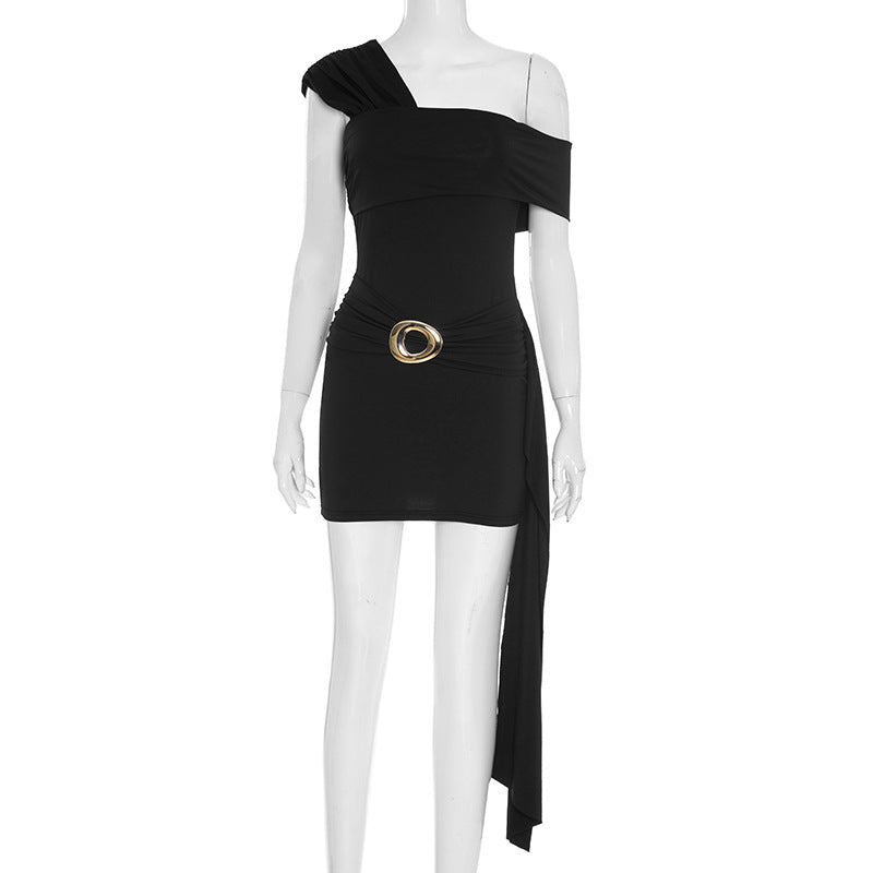 Chic Black One-Shoulder Ruched Mini Dress with Gold Ring & Statement Sash | Perfect for Fall Parties & Nights Out