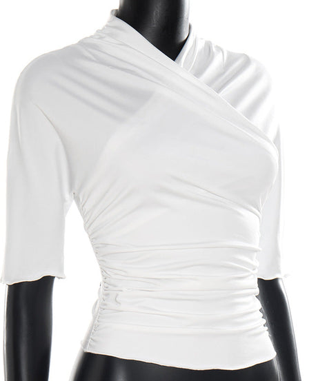 Chic Fall Essential: Flattering White Ruched Cross-Front 3/4 Sleeve Top