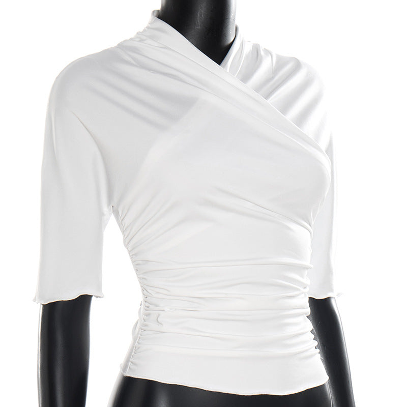 Chic Fall Essential: Flattering White Ruched Cross-Front 3/4 Sleeve Top