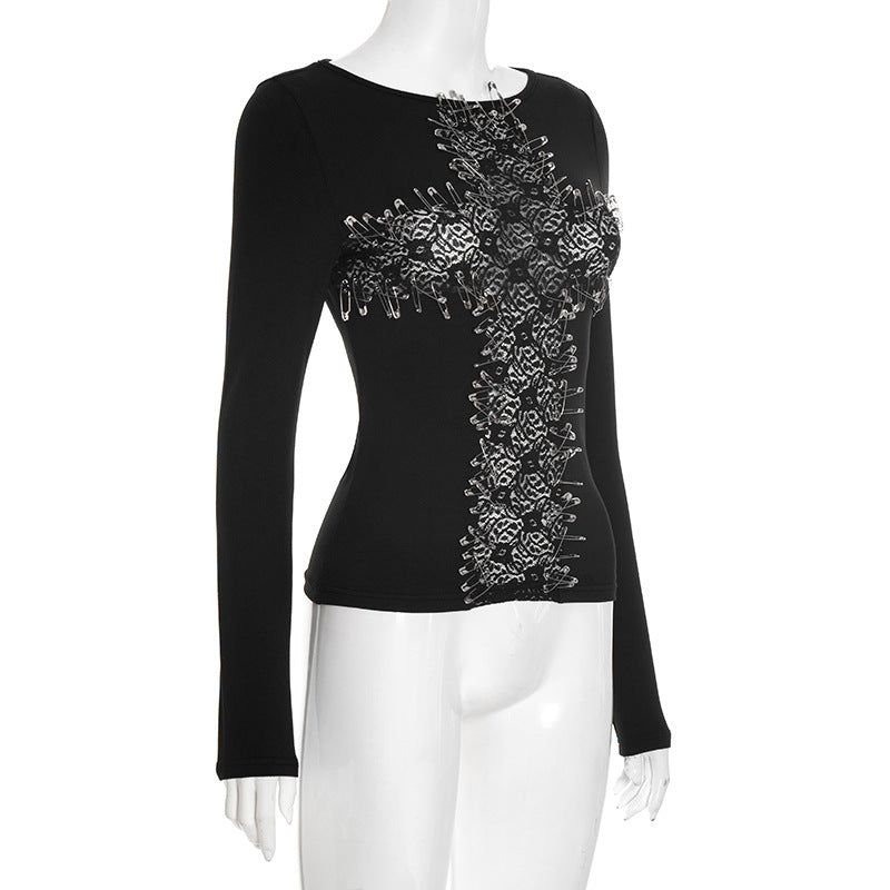 Edgy Safety Pin Cross Long Sleeve Top - Gothic Punk Fall Fashion & Halloween Ready
